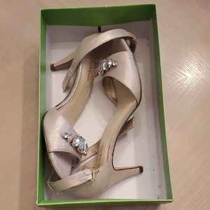 Kelly & Katie Champagne Metallic Open-Toe Heels with Crystal Embellishment